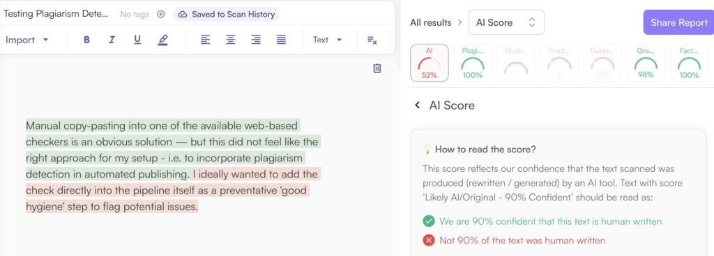 Testing Plagiarism Detection in Automated Publishing Pipelines with Originality.ai 2 Originality.ai WordPress plugin showing 52% AI confidence score and 100% originality on a post