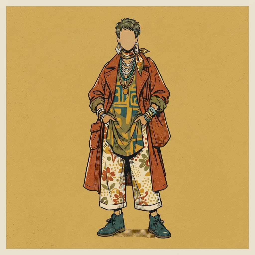 Kalidos - style kaleidoscope quiz and seasonal lookbook engine 8 ochre patchwork quilted jacket - Rio's style portrait, Kalidos quiz