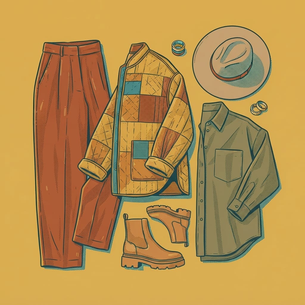 Ochre Patchwork Quilted Jacket: Rio's Burning Man Look 2 Rio moodboard